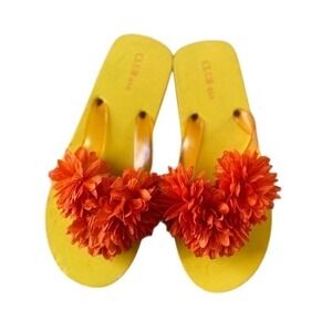 Club USA Yellow Platform Flip Flops Orange Floral Pom Pom Sandals Womens Size 8